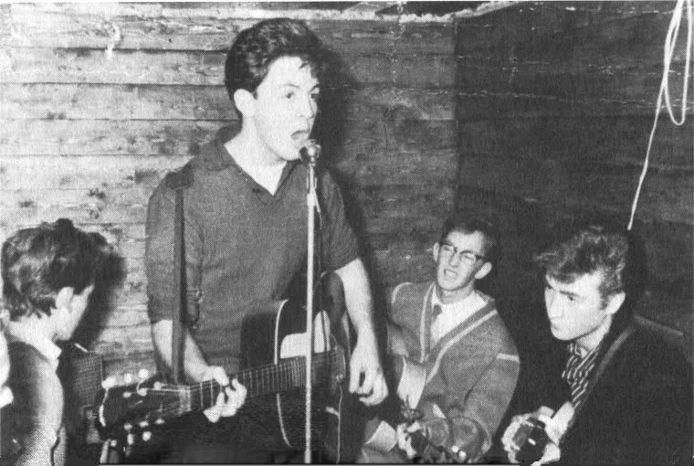 Paul McCartney singing as the Quarry Men perform at the Casbah Club. Original source: davidabedford.com/beatles-history/1959-in-beatles-history-the-quarrymen-open-the-casbah-coffee-club/.